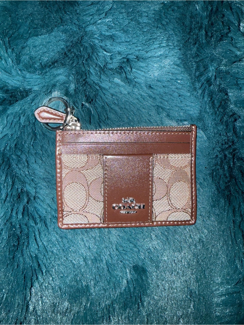 Coach Mini Skinny ID Case Maple and Brown Signature Card Case with Key Ring